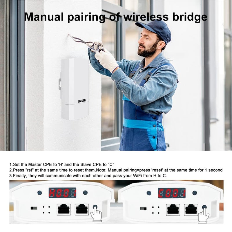 KuWFi 2-Pack 300Mbps Wireless Bridge, Outdoor CPE WiFi Kit Point to Point Wireless Access Point 2.4G Internet Bridge 1KM Transmission Distance Solution for starlink Signal - Image 4